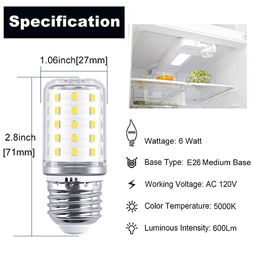 Zscbbkj Led Refrigerator Light Bulb Replacement 60W E26 Base Appliance Light Bulb, 6W Daylight White 5000K Medium Base Fridge Light Bulbs, Non-Dimmable Freezer Home Lighting Lamp 2 Pack #TOP1