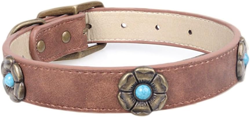 Adjustable Premium Leather Dog Collar - Heavy Duty for Small Medium Large Breeds Dogs - Attractive Colorful Flowers Decoration Pet Necklace - Brown,L