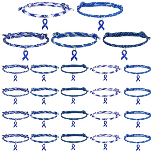 Tondiamo 30 Pcs Prostate Cancer Awareness Bulk Colon Cancer Awareness Bracelets Anti Bullying Blue Ribbon Accessories for Men Women Child Abuse Prevention Charity Recognition Public Even