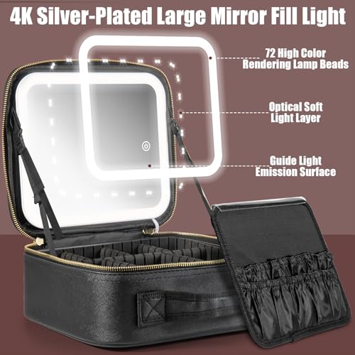 Image of Travel Train Case With Mirror LED Light 3 Adjustable Brightness Cosmetic Bag Portable Storage Partition Waterproof Makeup Brushes Jewelry Gift for Women, Black, Easy to Carry