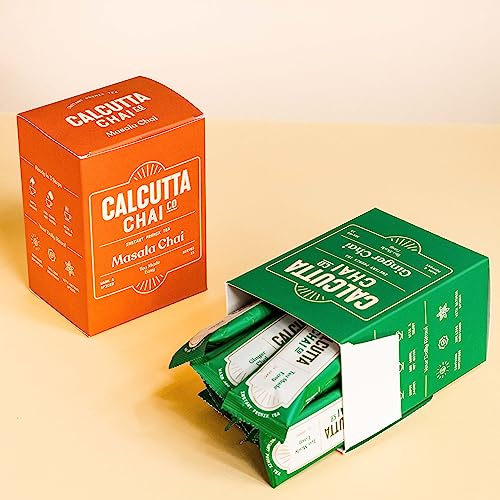 Image of Calcutta Chai Co - Masala Chai | Ginger Chai | Instant Tea Premixes | 30 Sachets | 420g | Pack of 2 | Made With Assam Tea | Added Natural Spices | Low Sugar