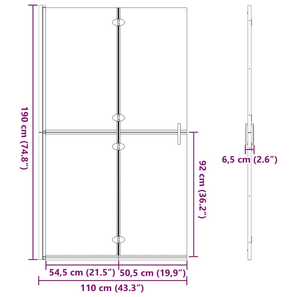 Ścianka prysznicowa Walk-In czarna z aluminium i szkła hartowanego, 110 x 6,5 x 190 cm, składana, do łazienki, ochrona przed rozpryskiwaniem, zajmuje mało miejsca szklana ścianka do wnętrz