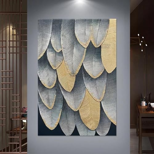 Peinture abstraite plumes en feuille d'or toile murale 50x70cm
