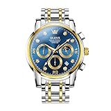 OLEVS Men's Watch Blue Dial Big Face Chronograph Moon Phase Diamond Watches Two Tone Stainless Steel Band Analog Quartz Watches for Men Waterproof Casual Business Mens Watch with Date