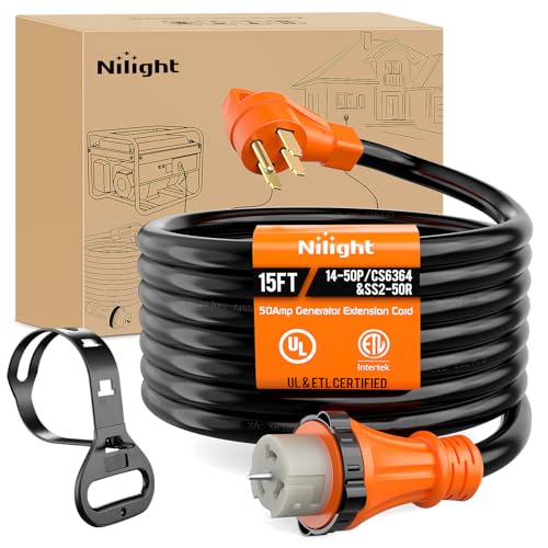 Image of Nilight 50 Amp 15FT Generator Extension Cord 250V 12500Watt Heavy Duty 6 /3+8 /1 Gauge Pure Copper STW Wire UL Listed 4 Prong 14-50P SS2-50R&CS6364 Twist Lock for RV Camper Outdoor Use