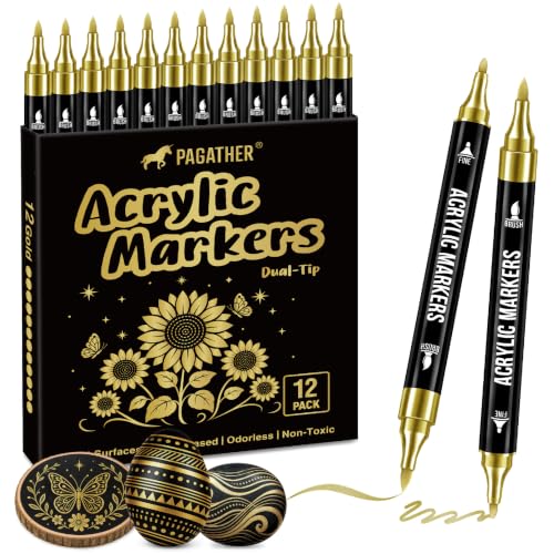 Image of Pagather Gold Acrylic Paint Markers, 12 Pack Dual Tip with Fine Tip and Brush Tip Pens for Fabric, Stone, Wood, Canvas, Ceramic, Metal