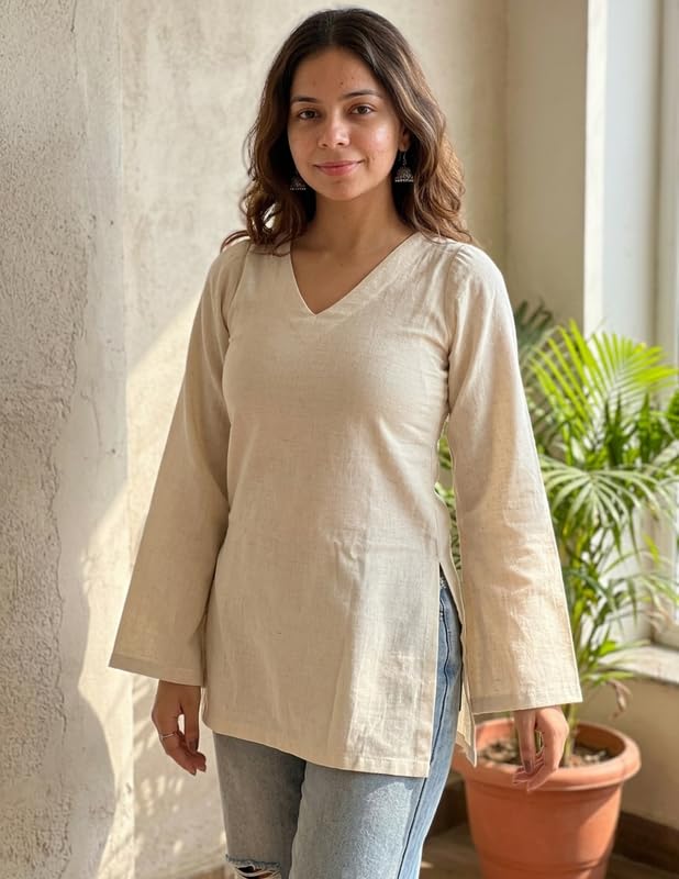 Image of Cotton Short Kurti for Women | Full Sleeves Kurti | Ethnic Kurta for Girls | Casual Shirt for Girl | V Neck Top for Women | Casual and Ethenic Wear | Beige