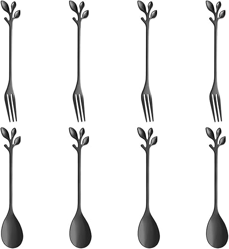 AnSaw 4 cucharas de café pequeñas y 4 tenedores de postre, acero inoxidable de 4.7 pulgadas con mango de hoja (negro y dorado)