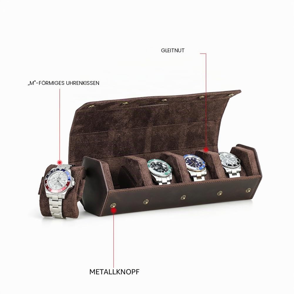 Hiram Uhrenkoffer Leder Sechseck Uhrenbox, 4-Slot Uhren Schutzhülle Uhren Organizer für Reisen (Kaffee)