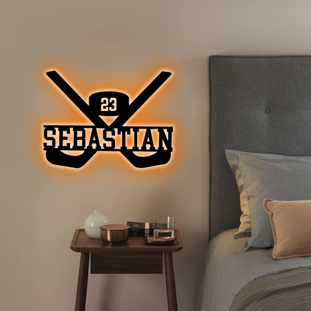 Ozinna Personalizzato Nome e Hockey Metallo Segno Lampada LED 16 Colori con Telecomando Decorazione d'Arte da Parete Regali di Natale per Feste di Compleanno Decorazioni per la casa,style 8
