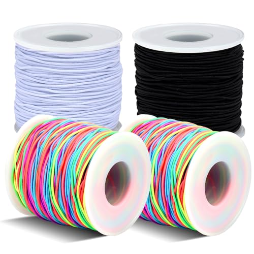 Pluralla Stretchy Bracelet String 4 Rolls 660FT Elastic String for Bracelet DIY Crafts, 1mm Stretchy Cord for Jewelry Making Sewing Necklace Beading, (Black, White, Rainbow*2)