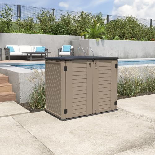 Image of KINYING Outdoor Storage Shed - Horizontal Storage Cabinet Waterproof for Garden, Patio, Backyard, Storage Box for Easy Storage of Garbage Cans, Tools, Lawn Mower, 26 Cubic Feet,Dark Brown