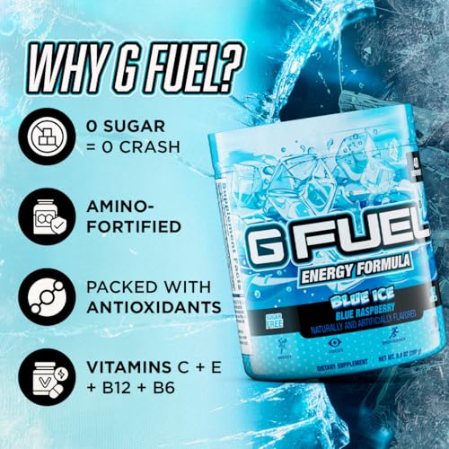 Image of G Fuel Blue Ice Energy Drink Powder, Pre Workout Caffeine Mix for Gaming, Sugar Free Focus Amino, Vitamin + Antioxidants, 9.9oz (Blue Raspberry, 40 Servings)