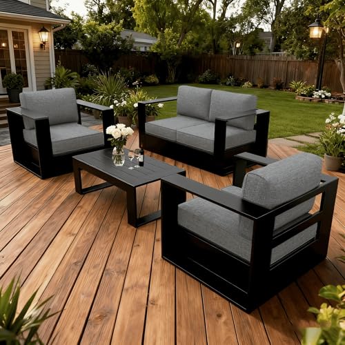 Image of LayinSun Oversized Aluminum Outdoor Furniture Set, 4 Piece Patio Sofa Sets with Coffee Table, Deep Seating and Upgraded 6-inch Cushions for Porch, Balcony, Deck