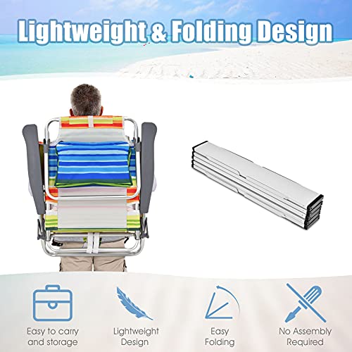Image of Giantex Folding Beach Chair, Patio Sling Chairs with 5 Adjustable Position, Head Pillow, Storage Bag, Towel Bar, Cup Holders, Backpack Chairs for Sunbathing, Camping Chair
