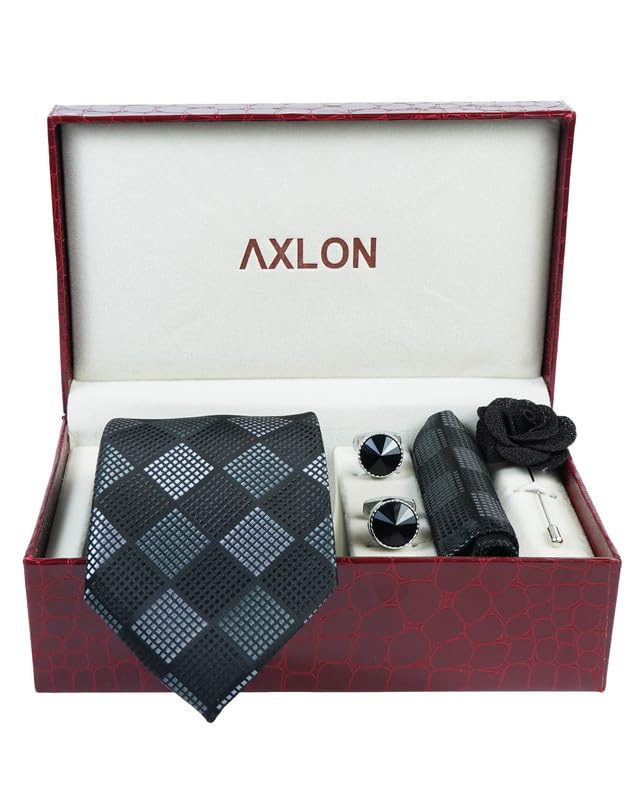 Image of Axlon Tie for Men - Micro Silk Neck Ties Set with Cufflinks Flower Pin, Pocket Square & Black Gift Box, Combo Necktie Sets for Office Wear, Formal Suits & Weddings (0, Checkpn)