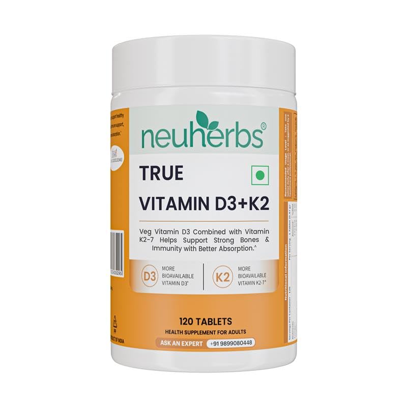 Image of Neuherbs Vitamin D3 (600 IU) Tablets with K2 MK7 | True Vitamin D3 to Supports Bone Strength, Immunity & Heart Health | Vegetarian D3 Supplement for Men & Women | 120 Tablets