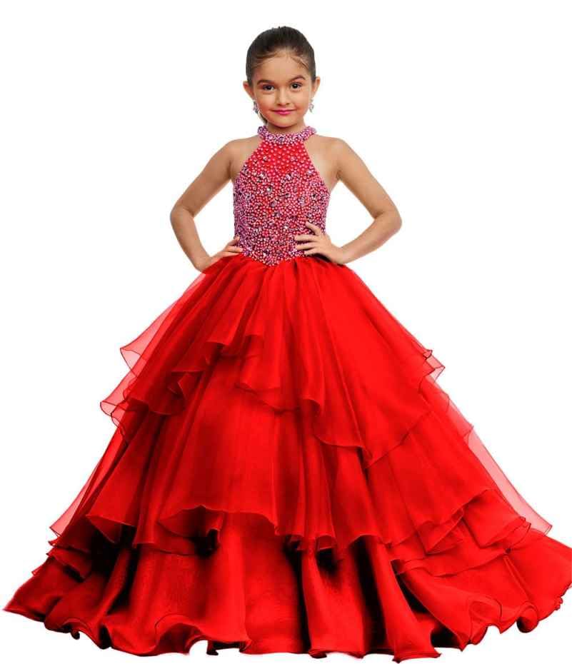 Girls Crystal Miss National Pageant Dresses Beaded Rhinestones Flower Girl Wedding Party 1st Communion Dress