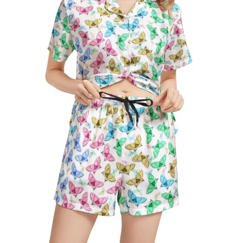 Image of Funny Pajamas for Women Set Print Satin Loungewear Pjs Short Sleeve Button Down Top and Shorts Sets Sleepwear XS-3XL