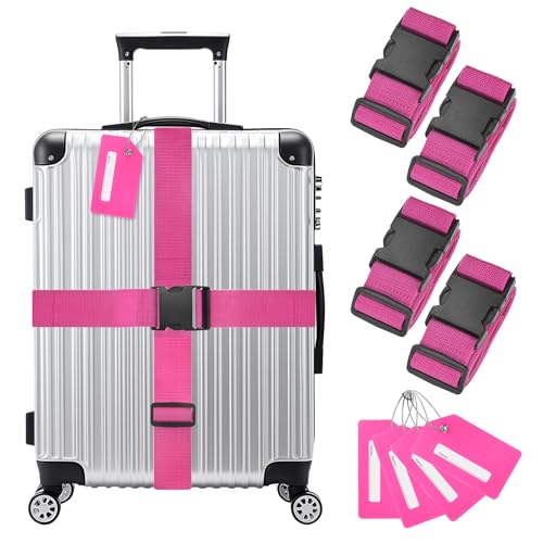 Image of M METERXITY 4-Sets Luggage Straps TSA Approved, Travel Straps for Luggage Suitcase Tags Set, Adjustable Suitcase Belt [Rose Red]