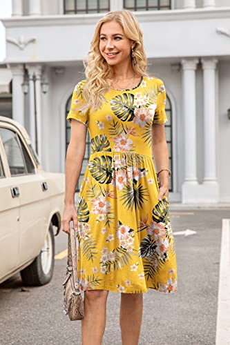Image of DB MOON Women Summer Casual Short Sleeve Dresses Empire Waist Dress with Pockets (Yellow Floral, L)
