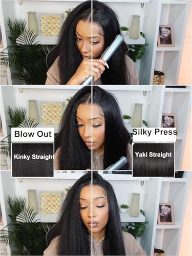 Image of KLAIYI 4C Kinky Yaki Straight Lace Front Wigs Human Hair HD Transparent Lace Closure Wigs for Black Women 12A Brazilian Virgin Hair Pre Plucked with Baby Hair 180% Density Full Natural Hairline 24Inch