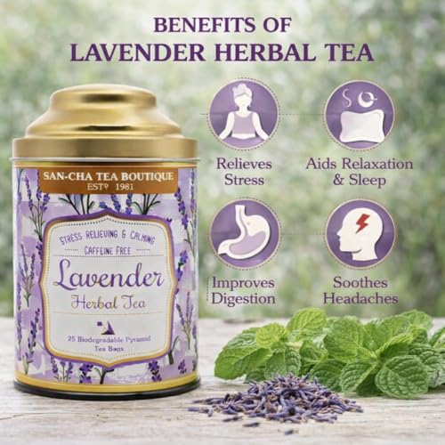 Image of Sancha Tea Boutique, Lavender Tea, Caffeine Free Herbal Tisane, 25 Pyramid Bags, Naturally Calming & Relaxing, Floral Herbal Infusion