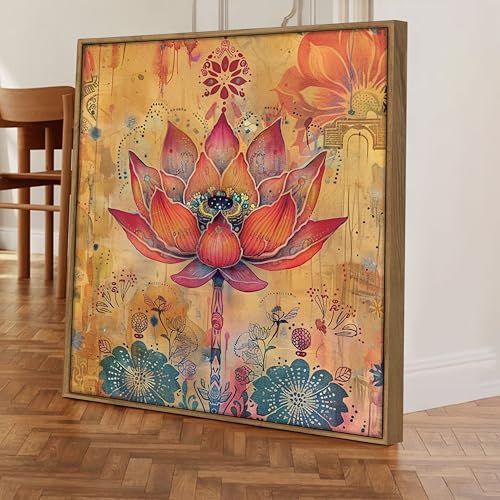 Image of Floral Vastu Lotus Framed Canvas Wall Art Painting for Living Room | Bohemian Botanical Artwork Painting with Frame | Modern Decorative Wall Decor for Home, Bedroom & Office, 23x23 Inch