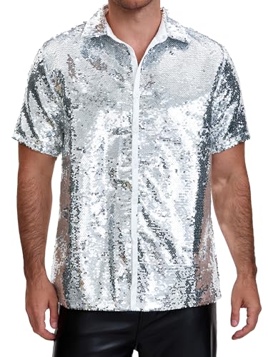 Lars Amadeus Sequin Shirt for Men's Short Sleeve Button Down 70s Disco Party Sparkle Shiny Dress Shirts