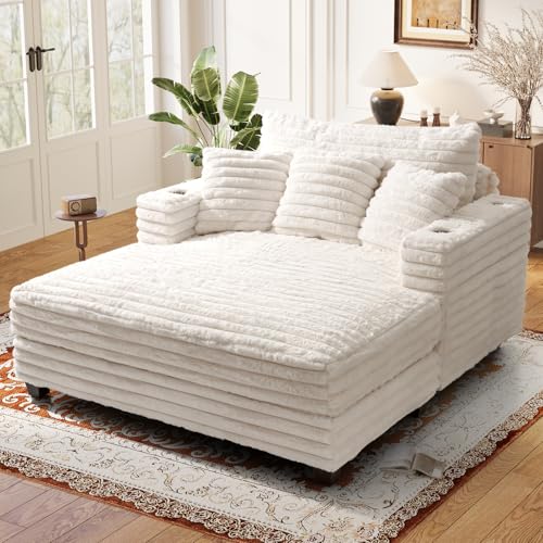 SENYUN 60" Chaise Lounge Indoor, Upgraded Oversized Upholstered Sofa Bed with Pillows & Armrests, Fluffy Plush Faux Fur Sleeper Couch Lazy Chair Bed, Reading Chairs Cloud Couches for Living Room,Beige