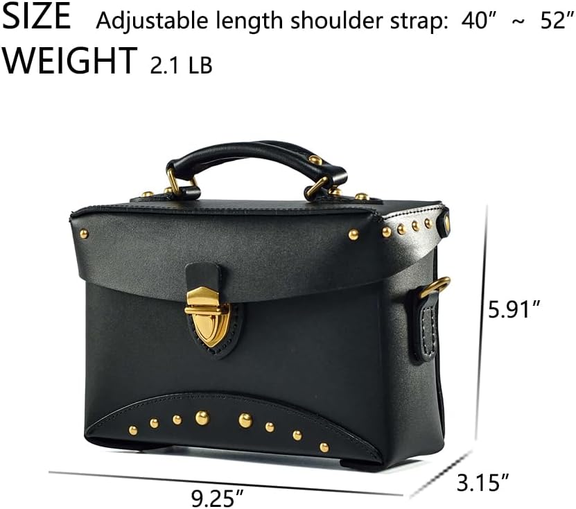 Vintage Handmade Full Grain Leather Handbag, Structured Hard Leather Purse with Metal Studs, Retro Shoulder Bag