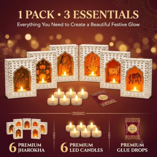 Image of JH Gallery Paper Jharokha Diya Set with LED Candles, DIY Wall Decor, Home Decoration Items for Diwali, Ganesh Chaturthi, Varalakshmi Pooja Decor, Mandir, Stairs & Festival Decoration (Pack of 6)