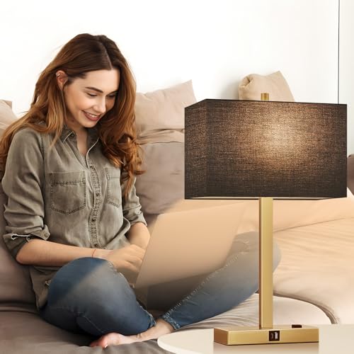 Image of Lynnoland 21 inch Set of 2 Bedside lamp with USB A+C & AC Outlets, Touch Control 3-Way Dimmable Nightstand Lamps for Bedroom Living Room Office Reading, Black Shade Touch Lamps, 3000K LED Bulbs Included
