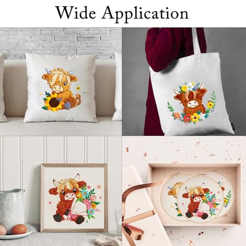 Image of Nuberlic Highland Cow Embroidery Kit 3 Pack Embroidery Kits for Adults Beginners Starter Cross Stitch Kit Set with Floral Designs - Perfect DIY Gift