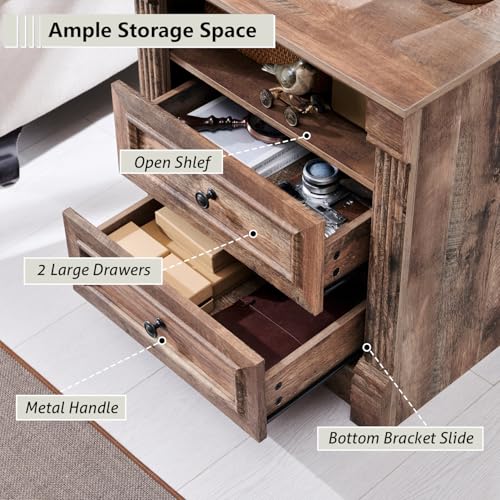 Image of 26 inch Tall Nightstand with Charging Station, Farmhouse 23.6 inch Wide Large End Table w /Roman Column, Wood Rustic Side Table w /Open Shelf, 2 Drawers Dresser for Bedroom, Living Room, Light Brown