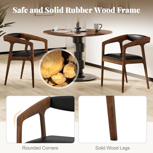 Image of COSTWAY Dining Chairs with Arms Set of 4, Mid Century Modern Wooden Accent Chairs with Faux Leather Seat & Padded Backrest, Kitchen Side Armchairs for Living Dining Reading Room, Brown & Black