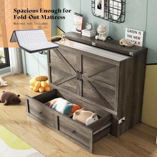 Image of AMERLIFE Full Murphy Bed with Storage & Charging Station, Farmhouse Murphy Cabinet with Foldable Panel, Noisy Free, for Guest Bedroom, Living Room, Office, Rustic Grey
