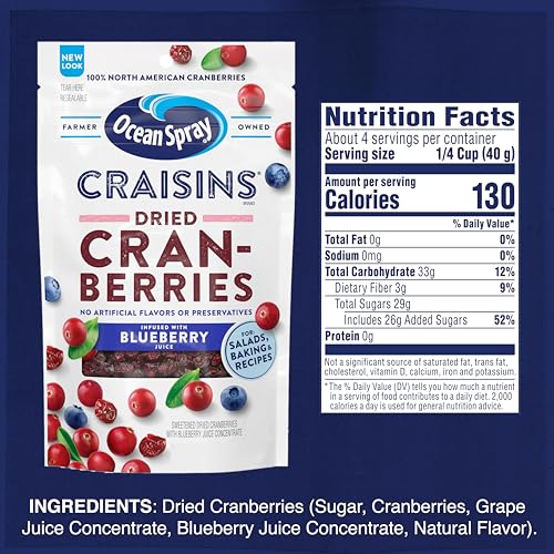 Image of Ocean Spray Craisins Blueberry, Dried Cranberries Infused with Blueberry Juice, Dried Fruit, 6 Oz Pouch (Pack of 12)