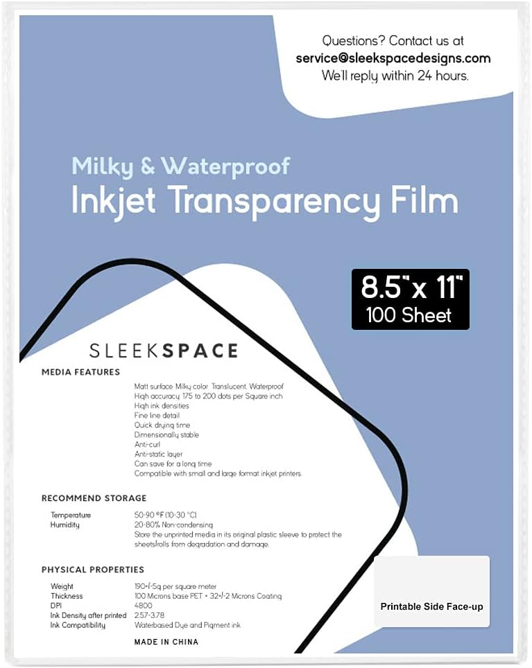 Milky Transparency Film for Inkjet Printers, Screen Printing | 100% Waterproof, Anti-curl, Anti-static | High Ink Density, Quick Dry Ink | For Silk Screen, Offset, T-Shirts | 190 +/-5 psm