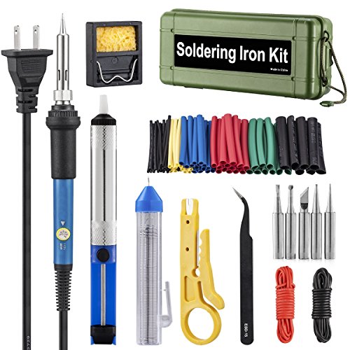 Soldering Iron Kit Electronics, 60W Adjustable Temperature Welding Tool, 5pcs Soldering Tips, Desoldering Pump, Soldering Iron Stand, Tweezers,Heat Shrink Tubing (Green)
