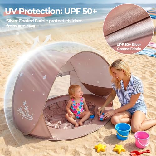 Image of Monobeach Baby Beach Tent with Pool: Brown Stars Pop Up Sun Shade Tent for Toddler, UV Protection Portable Outdoor Shelter, Foldable Camping Canopy for Beach, Backyard & Travel