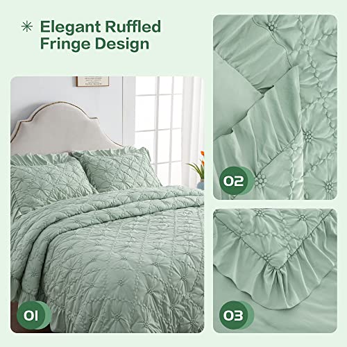 Andency Sage Green Comforter Queen Size Pinch Pleat Ruffle Comforter Set, 3 Pieces Pintuck Boho Shabby Chic Fringe Comforter Set, Soft Microfiber All Season Down Alternative Bedding Set #TOP4