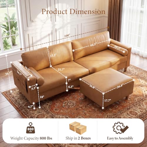 Image of Vesgantti 100 inch Faux Leather Sofa with Movable Ottoman, L Shaped Wide Seating PU Leather Couch with Side Pocket, Comfy Mid Century Modern Modular Sectional Sofa for Living Room, Apartment, Cognac Tan