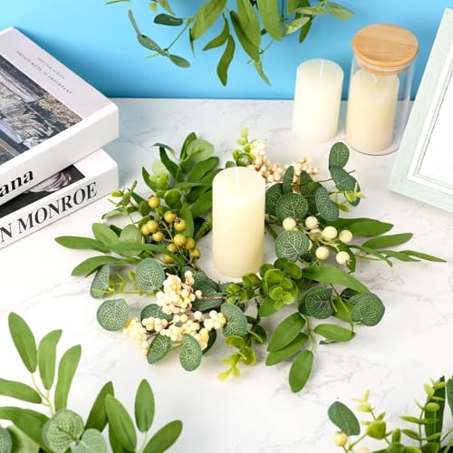 Image of 6 Pcs Green Eucalyptus Candle Rings Wreaths Spring Summer Kitchen Cabinet Wreaths Mini Green Berry Leaves Candle Wreath for Pillars Farmhouse Festival Wedding Celebrations Tabletop Decoration