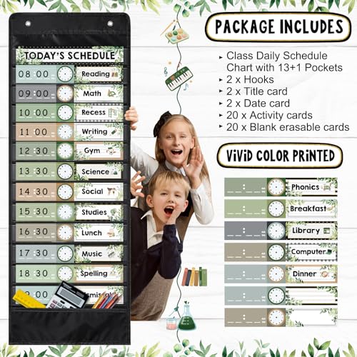 Daily-Schedule-Pocket-Chart-for-Classroom-131-Pockets-with-42-Designed-Schedule-Cards-Farmhouse-Greenery-Classroom-Kids-Daily-Schedule-Pocket-Chart-for-Home-Back-to-School-Classroom-Decorations Daily Schedule Pocket Chart for Classroom 131 Pockets with 42 Designed Schedule Cards Farmhouse Greenery Classroom Kids Daily Schedule Pocket Chart for Home Back to School Classroom Decorations