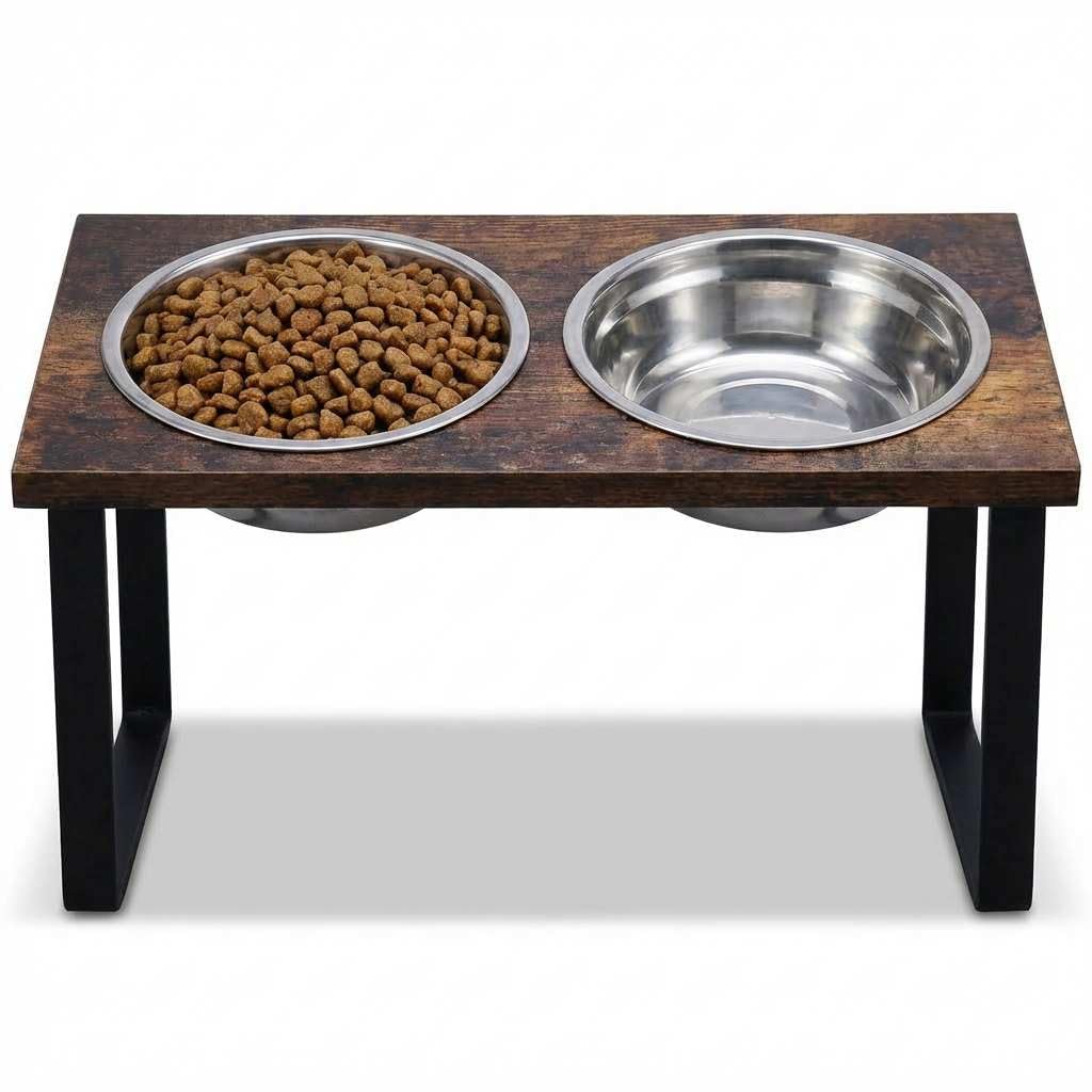 Soporte elevado para cuencos para perros medianos y grandes, comedero elevado de MDF con 2 cuencos de acero inoxidable, juego de platos inclinados para comida y agua para perros, estación de