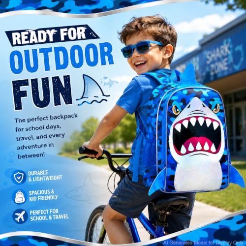Image of 16 inch Shark Backpack for Boys, 3Pcs Kids Bookbag with Lunch Box, School Backpacks for Elementary Preschool Kindergarten (Blue)