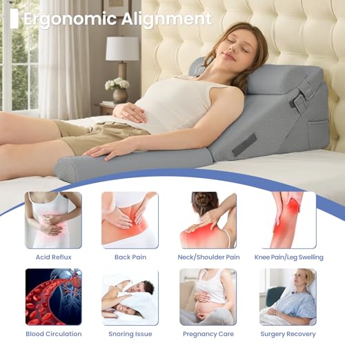 Sasttie Wedge Pillow Set for After Surgery, 4PCS Adjustable Bed Wedge Pillow Headboard with Memory Foam Neck Cushion – for Acid Reflux, Sleeping, Neck & Back Support, Dark Grey