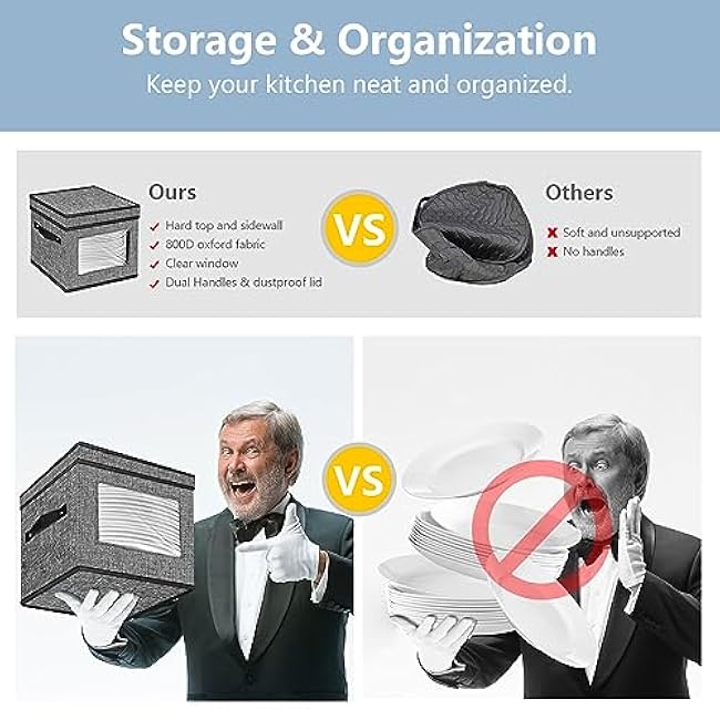 homyfort China Storage Containers With Lid and Handles, Dinnerware Storage Box for Dishes with 12 Felt Dividers, Hold 24 Plates, 12x 12, Set of 2, Grey