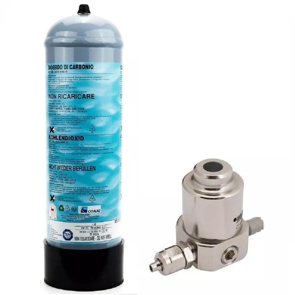 Kit impianto acquario: bombola CO2 1300 gr M10x1 con piedino + riduttore di pressione